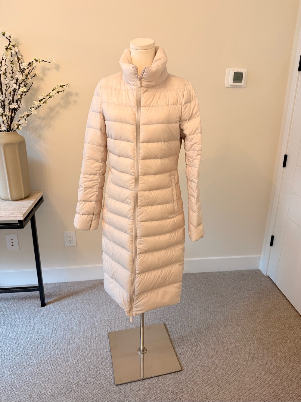 Long Quilted Puffer Coat in Light Cream